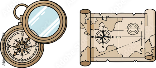 Compass and map sitting side by side, suggesting adventure and exploration, evoking a sense of wanderlust and discovery of new lands.