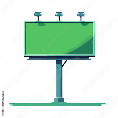 Illustration of a blank green billboard on a tall blue pole, with three lights on top, against a white background.
