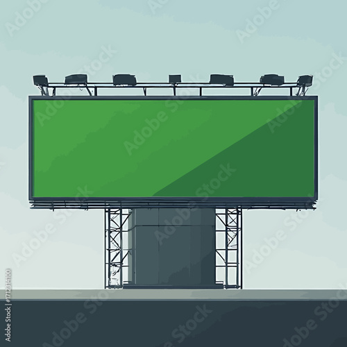A large billboard with a blank green screen stands tall against a clear, light blue sky.