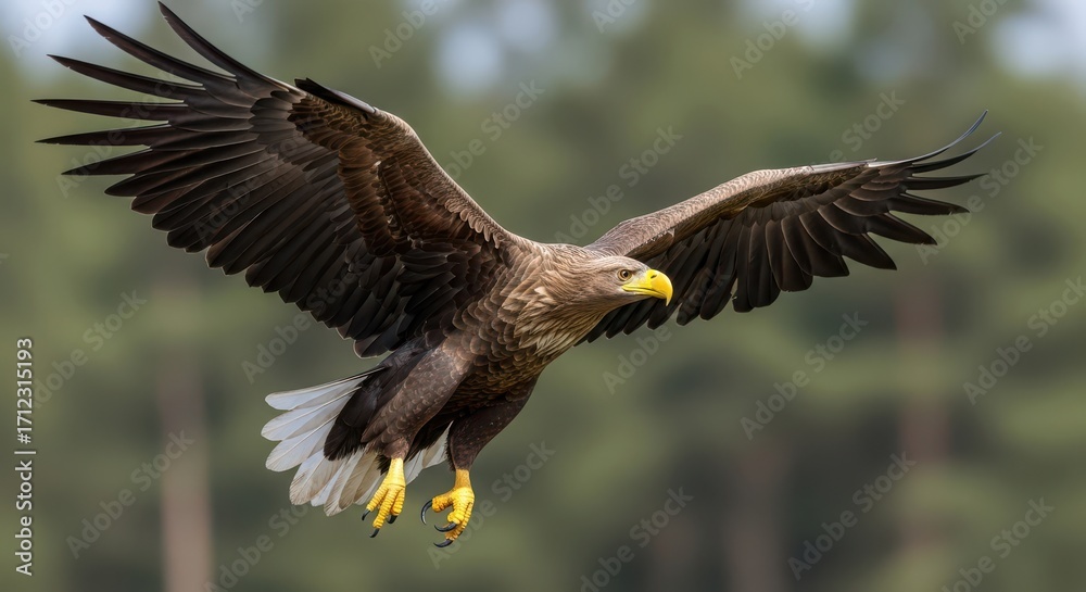 Obraz premium Majestic White Tailed Eagle Soars Through Forest Sky