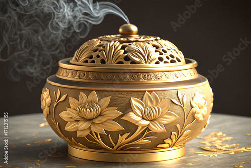 Ornate golden incense burner with floral carvings emitting fragrant smoke