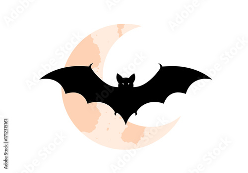 Vector art of silhouette of a black bat flying in front of a pale orange watercolor moon, , representing halloween and night
