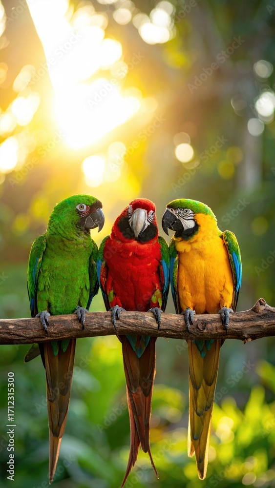 Obraz premium Three parrots perched on a branch in a sunlit jungle