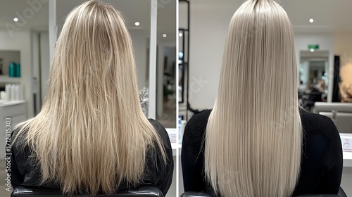 Before and after professional hair treatment showing transformation from natural blonde to sleek platinum straight hair in salon setting, demonstrating keratin smoothing results.
