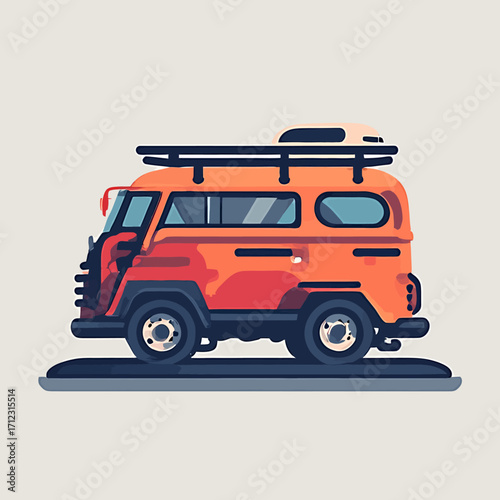 Illustration of an orange van with a roof rack and luggage carrier, parked on a gray surface against a light gray background.