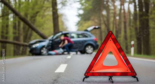 Car Accident Warning Triangle on Road Next to Damaged Vehicle and Injured Person