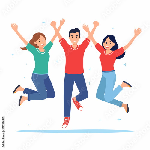 Three joyful people jumping in the air, celebrating together with arms raised high.
