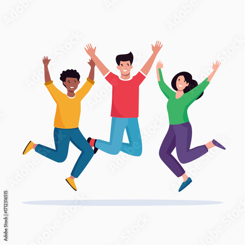 Three joyful friends leap into the air, celebrating together with arms raised high.