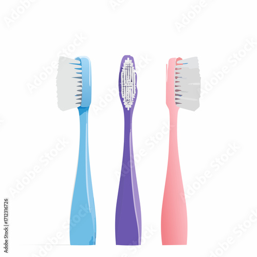 Three colorful toothbrushes arranged in a vertical composition, isolated on white.