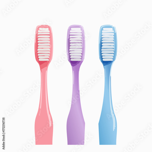 Three toothbrushes, in pink, purple, and blue, stand upright against a white background.
