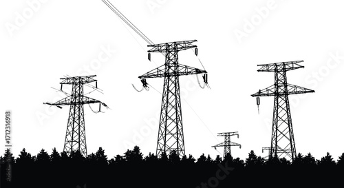 Silhouette of high voltage power lines, electrical transmission towers, forest background, energy infrastructure, modern utility network