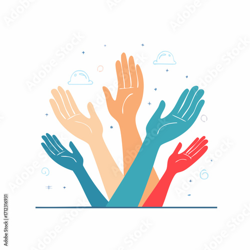 Several colorful hands are raised upwards in a gesture of participation, support, or unity, with decorative elements in the background.