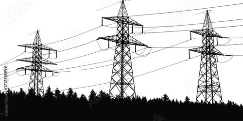 Silhouette of high voltage power lines, electrical transmission towers, forest background, energy infrastructure, modern utility network