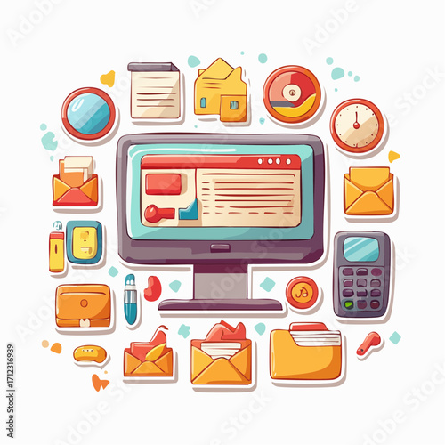 A colorful cartoon illustration of various office and technology related objects arranged in a circular composition.