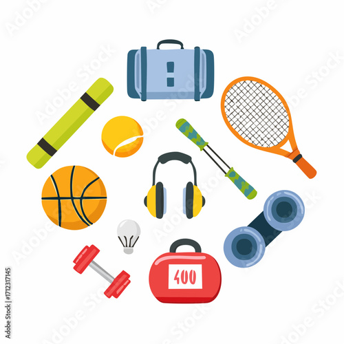 Colorful graphic design of various sports and travel equipment arranged in a circular pattern.