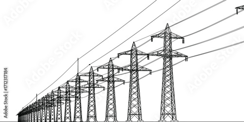 Silhouette of high voltage power transmission towers, electrical grid line, industrial infrastructure, energy distribution network, modern utility system