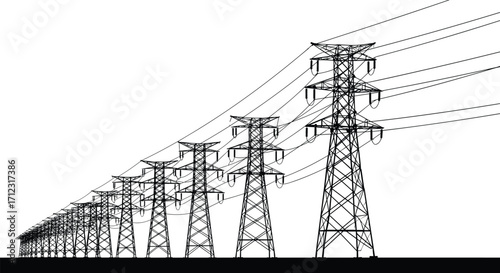 Silhouette of high voltage power transmission towers, electrical grid line, industrial infrastructure, energy distribution network, modern utility system