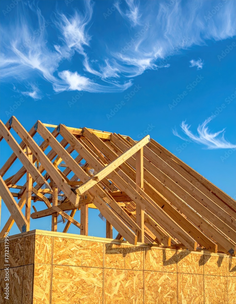 Obraz premium House under construction with wooden roof frame against a clear blue sky