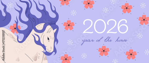 Chinese New Year banner background. Asian holiday, happy CNY card, horizontal design for 2026. Fire horse, oriental eastern animal symbol, festive lunar zodiac equine mascot. Flat vector illustration