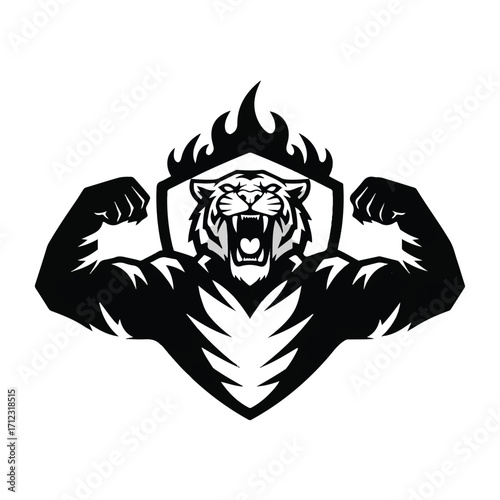 A stylized tiger with muscular arms, roaring fiercely, framed by a shield and flames.