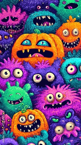 Wallpaper Mural A vibrant colorful illustration of many cute happy monsters and pumpkins in various sizes and shapes Torontodigital.ca