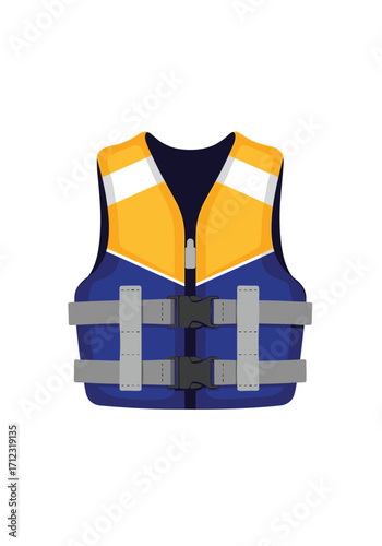 A colorful blue and yellow safety vest for swimming boating and water sports.