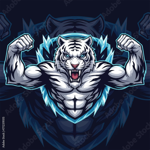 Muscular white tiger mascot flexing its biceps with an aggressive expression, set against a stylized tiger head background.
