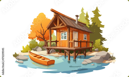 Vector illustration of a small wooden cabin by the lake with canoe and pine trees, isolated on a white background