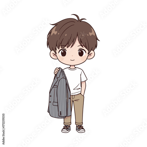 Cute Boy Cartoon Character Holding Blazer, Casual Style