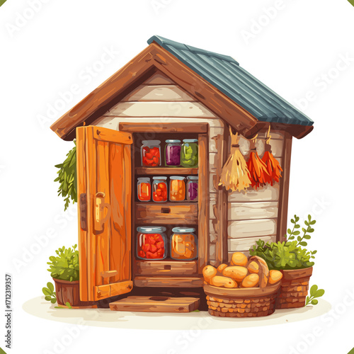 Vector illustration of small wooden food storage with jars of preserves and baskets of potatoes, isolated on white background