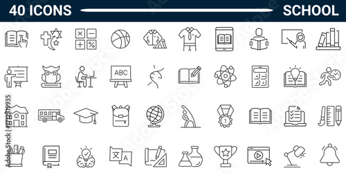 Set of 40 outline icons related to school. Linear icon collection. Editable stroke. Vector illustration