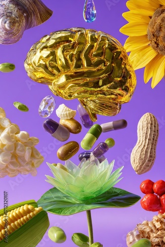 Golden brain surrounded by food and supplements, suggesting brain health