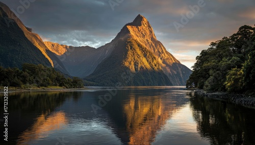 Golden hour illuminates a majestic mountain peak reflected in calm water, surrounded by lush greenery
