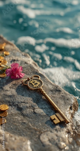 Golden key with Bitcoin symbol rests on a rock near ocean waves, accompanied by coins and flower