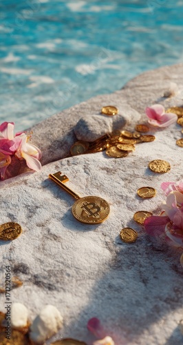 Golden key & Bitcoin on beach, near ocean