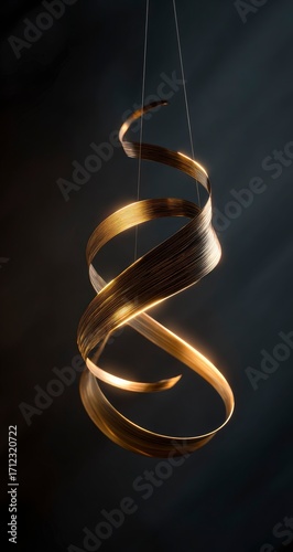 Golden spiral sculpture hanging against dark background