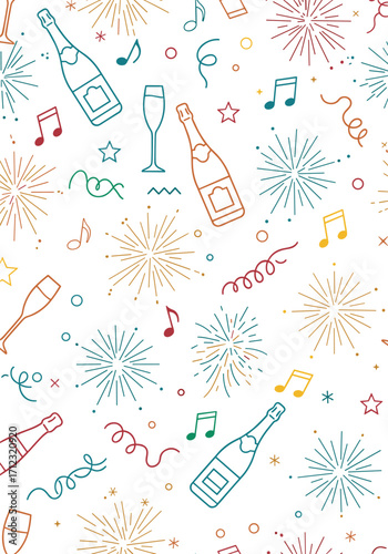 Celebration confetti and sparkling wine bottles with festive fireworks and musical notes.