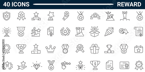Set of 40 outline icons related to reward. Linear icon collection. Editable stroke. Vector illustration