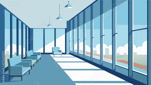 A row of tall floortoceiling windows allows natural light to flood into the room highlighting the crisp white walls and furniture.