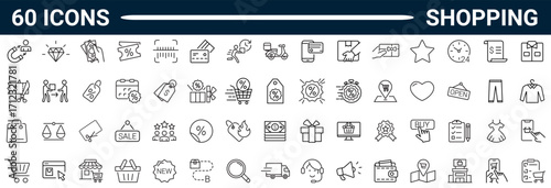 Set of 60 outline icons related to shopping. Linear icon collection. Editable stroke. Vector illustration