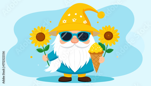 Fun Gnome in Summer Cheerful cartoon illustration with sunglasses, sunflowers, and ice cream on a blue background