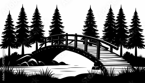 Serene Rustic Wooden Bridge Silhouette Over River Amidst Evergreen Trees A Tranquil Landscape
