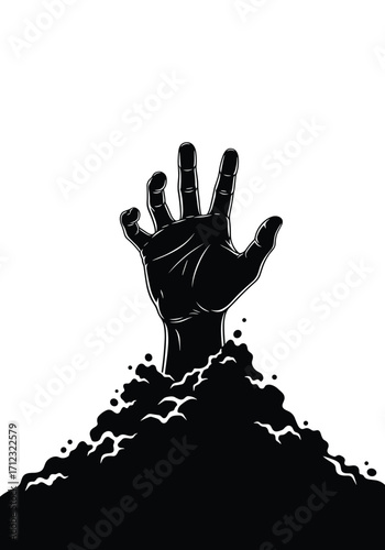 A single hand emerges from a pile of dark soil reaching upwards.