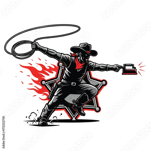 Cartoon cowboy figure with a lasso and iron, striking a dynamic pose against a star badge with flames.