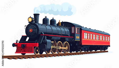 Classic steam train on railway tracks vector illustration, perfect for transport themes