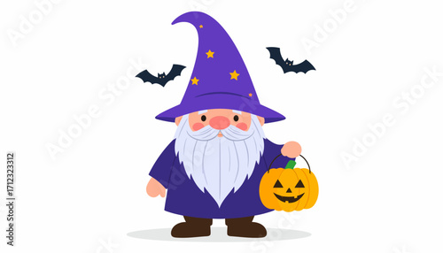 Whimsical Halloween Gnome with Pumpkin Lantern and Bat Accents A Festive Illustration