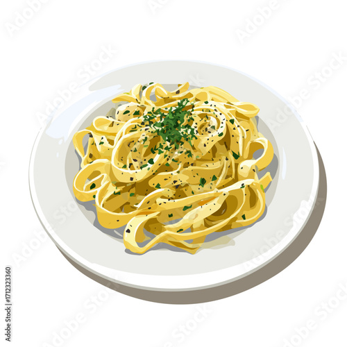 Fettuccine Alfredo, 2D flat vector illustration in icon style, isolated on a white background
