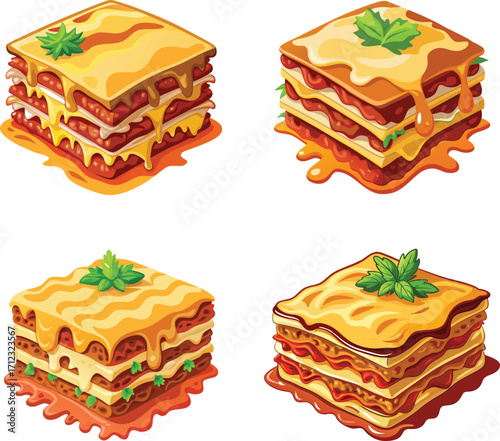 Four isometric illustrations of delicious lasagna with various toppings and cheese