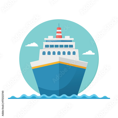 A stylized illustration of a large cruise ship sailing on blue water, set against a circular light blue background with small white clouds.