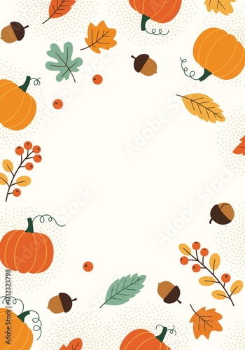 Autumn harvest bounty of pumpkins acorns and fall foliage.
